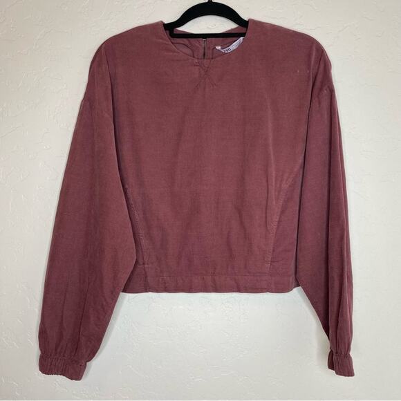 Zara Burgundy 100% Cotton Crewneck Cinched Sleeve Top Small - Picture 11 of 11
